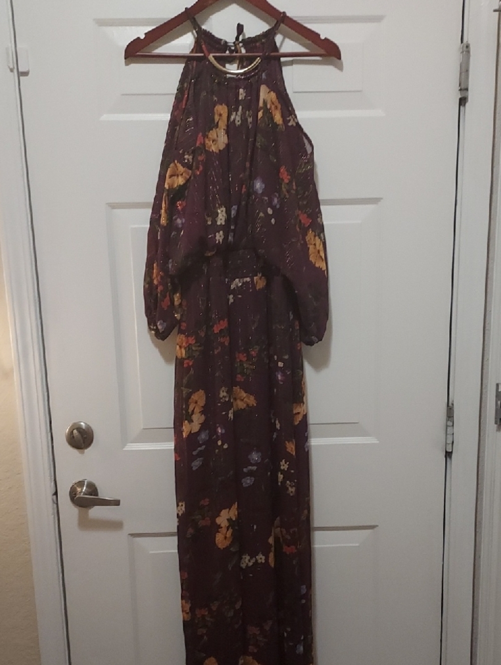 Halter Maxi Dress in Plum with Mustard Floral Print